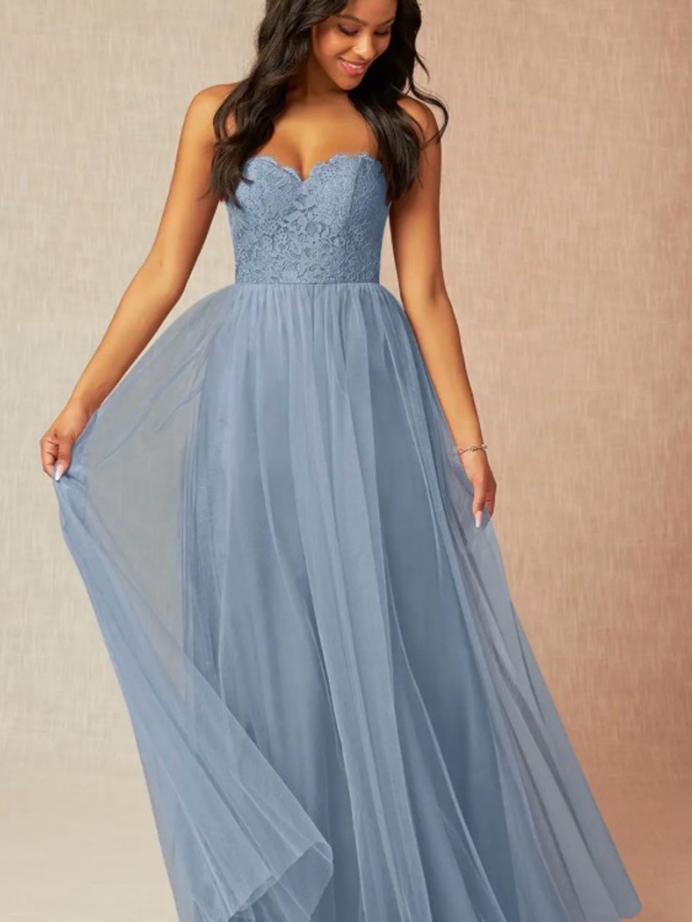 Azazie Strapless Lace Bodice Maxi Dress in Dusty Blue